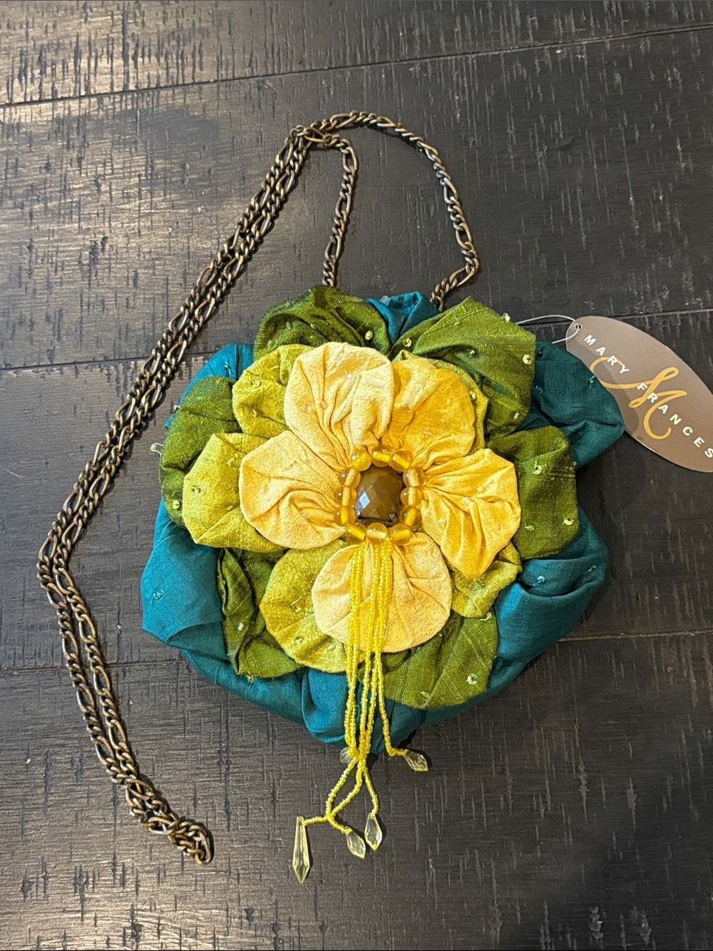 NWT Rare Mary Frances Hematite Kiss Lock Floral Beaded Chain Crossbody Bag Purse